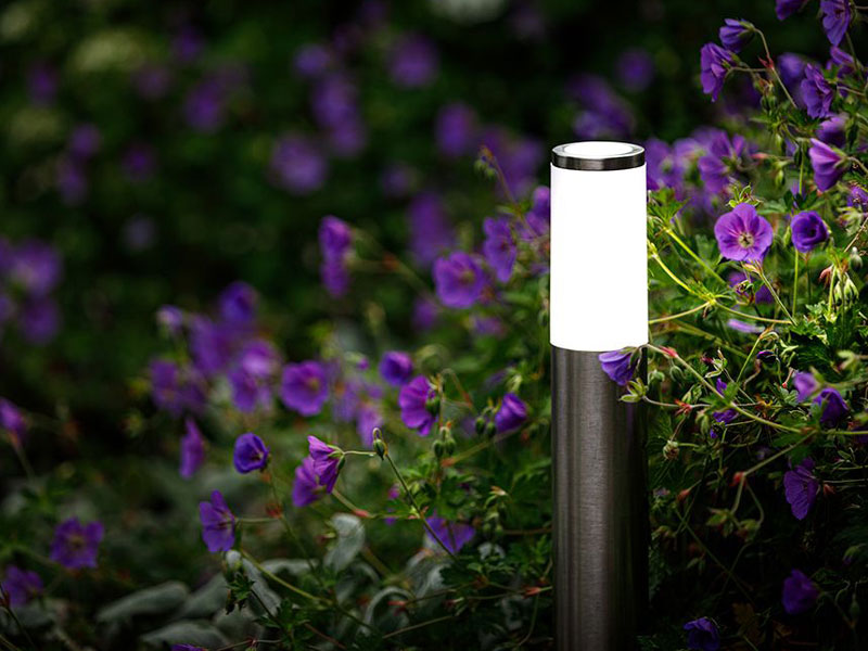 Gartenleuchte Lunia beleuchtet ein Staudenbeet