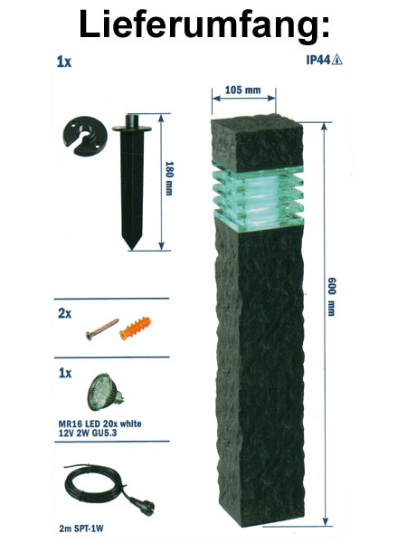 Lieferumfang der Gartenleuchte Kolossos Lieferumfang der Gartenleuchte Kolossos